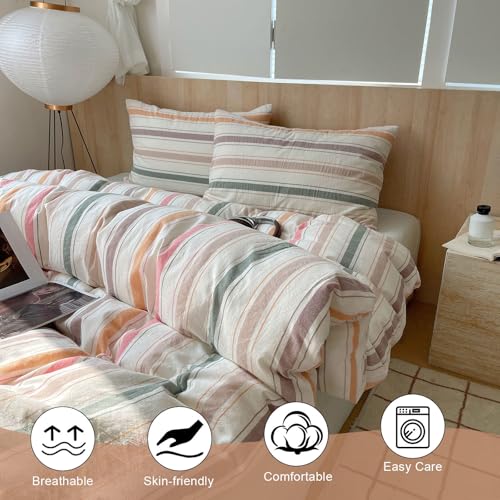 VC Life VClife Washed Cotton Duvet Cover Sets Twin XL (Include 1 Duvet Cover & 2 Pillowcases) Modern Pink Orange Green Stripe Comforter Cover with Zipper Closure 3 Pieces Bedding Sest for Woman Man - Image 5