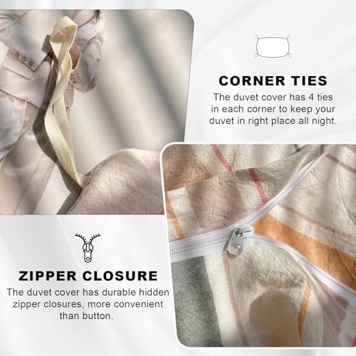 VC Life VClife Washed Cotton Duvet Cover Sets Twin XL (Include 1 Duvet Cover & 2 Pillowcases) Modern Pink Orange Green Stripe Comforter Cover with Zipper Closure 3 Pieces Bedding Sest for Woman Man - Image 4