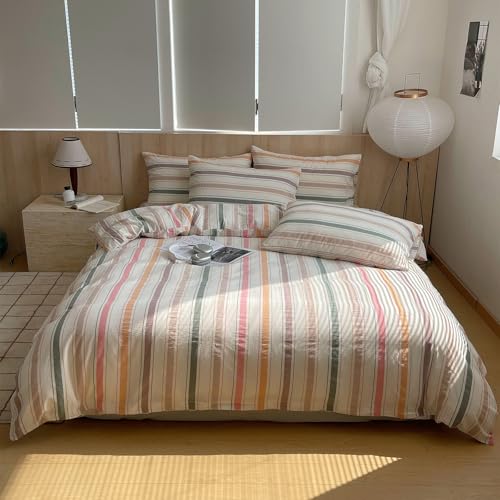 VC Life VClife Washed Cotton Duvet Cover Sets Twin XL (Include 1 Duvet Cover & 2 Pillowcases) Modern Pink Orange Green Stripe Comforter Cover with Zipper Closure 3 Pieces Bedding Sest for Woman Man - Image 1