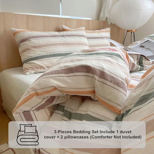 VC Life VClife Washed Cotton Duvet Cover Sets Twin XL (Include 1 Duvet Cover & 2 Pillowcases) Modern Pink Orange Green Stripe Comforter Cover with Zipper Closure 3 Pieces Bedding Sest for Woman Man - Image 3