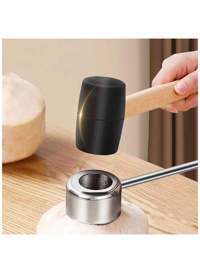 3 PCS Coconut Opener Tool Set,Coconut Scraper,Coconut Stainless Shell Puncher Knife, Rubber Hammer - Image 2