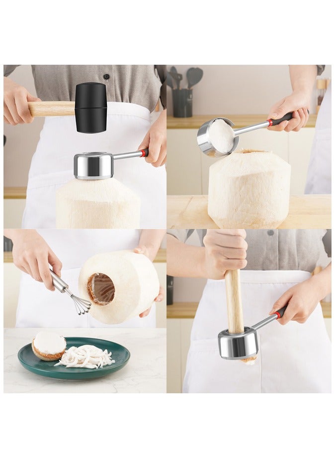 3 PCS Coconut Opener Tool Set,Coconut Scraper,Coconut Stainless Shell Puncher Knife, Rubber Hammer - Image 4