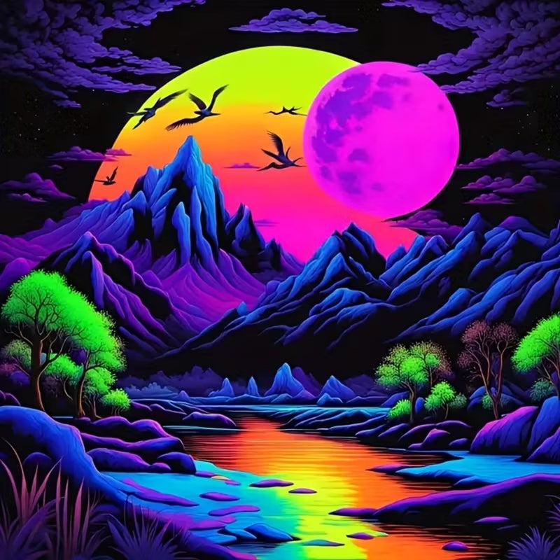 CHWGLFGG 5D Diamond Art Kits for Adults Beginners, Landscape Diamond Painting Kits, DIY Neon Mountain Forest Full Round Drill Paint by Diamonds Dot Gem Art for Adults, Home Wall Decor 13.7X 13.7 Inch - Image 1