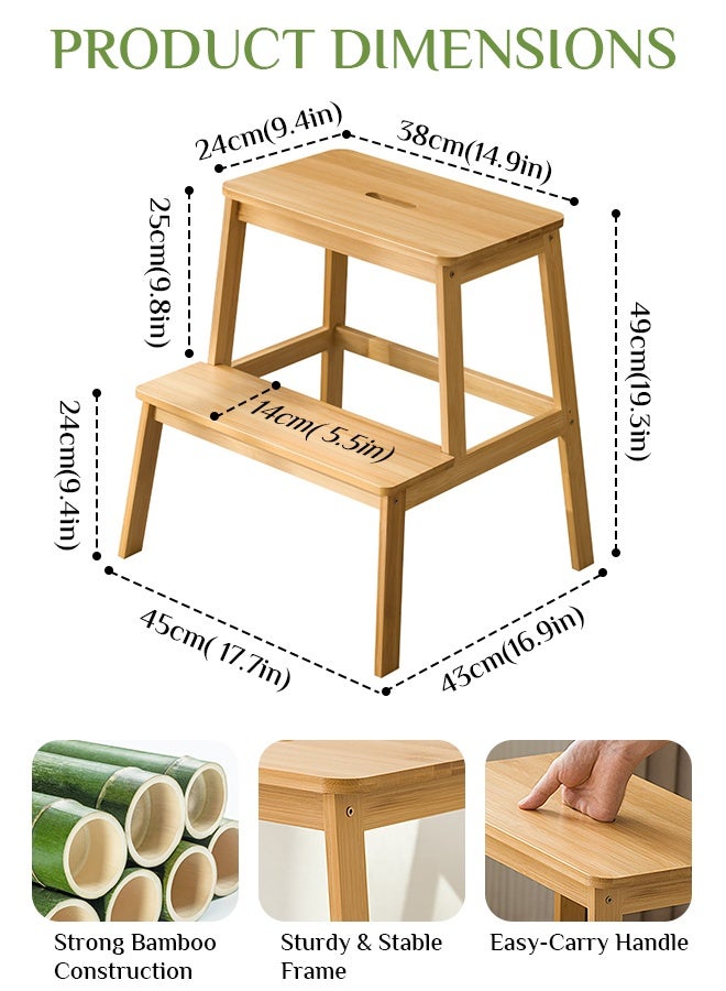 أوبتيا مقعد من الخيزران بدرجتين للأطفال والكبار، مقعد خشبي للأطفال للحمام والمطبخ، درجات للأسرة المرتفعة، قابل للنقل ومزود بمقبض، مانع للانزلاق وسعة 350 رطلاً - Image 2