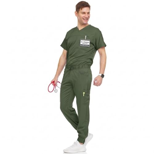 MediChic Men’s Scrub Set – Stretch V-Neck Scrub Top & 7-Pocket Jogger Pants, 4-Way Stretch Flex Medical Uniform Workwear, Olive Small - Image 1