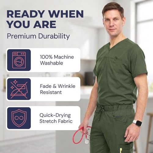 MediChic Men’s Scrub Set – Stretch V-Neck Scrub Top & 7-Pocket Jogger Pants, 4-Way Stretch Flex Medical Uniform Workwear, Olive Small - Image 5
