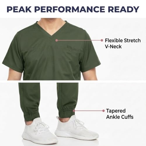 MediChic Men’s Scrub Set – Stretch V-Neck Scrub Top & 7-Pocket Jogger Pants, 4-Way Stretch Flex Medical Uniform Workwear, Olive Small - Image 3