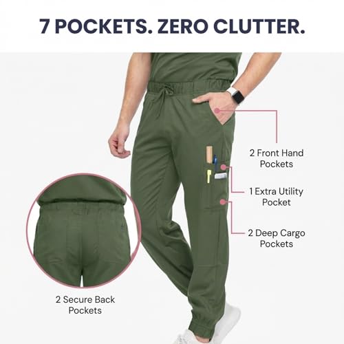 MediChic Men’s Scrub Set – Stretch V-Neck Scrub Top & 7-Pocket Jogger Pants, 4-Way Stretch Flex Medical Uniform Workwear, Olive Small - Image 2