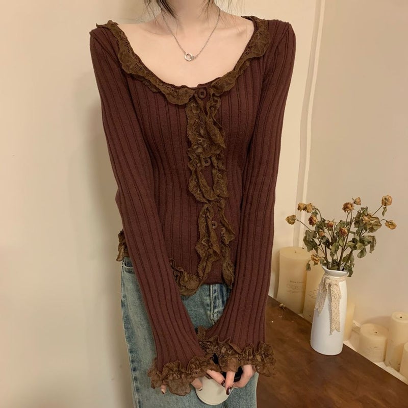Sweet and Spicy Style Pure Desire Knitted Sweater 2023 Autumn New Womens Fashion Personalized Lotus Leaf Lace Cardigan Short Top 77076 coffee color 