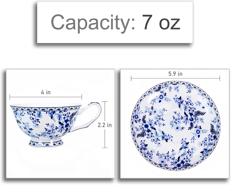LanHong 7 Ounces Tea Cup and Saucer Set Floral Coffee Cup with Saucer Bone China Teacup and Saucer Set Gift for Mom Friend Tea Party Blue 2 - Image 2