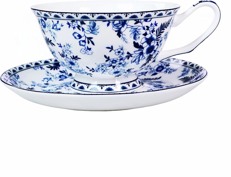 LanHong 7 Ounces Tea Cup and Saucer Set Floral Coffee Cup with Saucer Bone China Teacup and Saucer Set Gift for Mom Friend Tea Party Blue 2 - Image 1