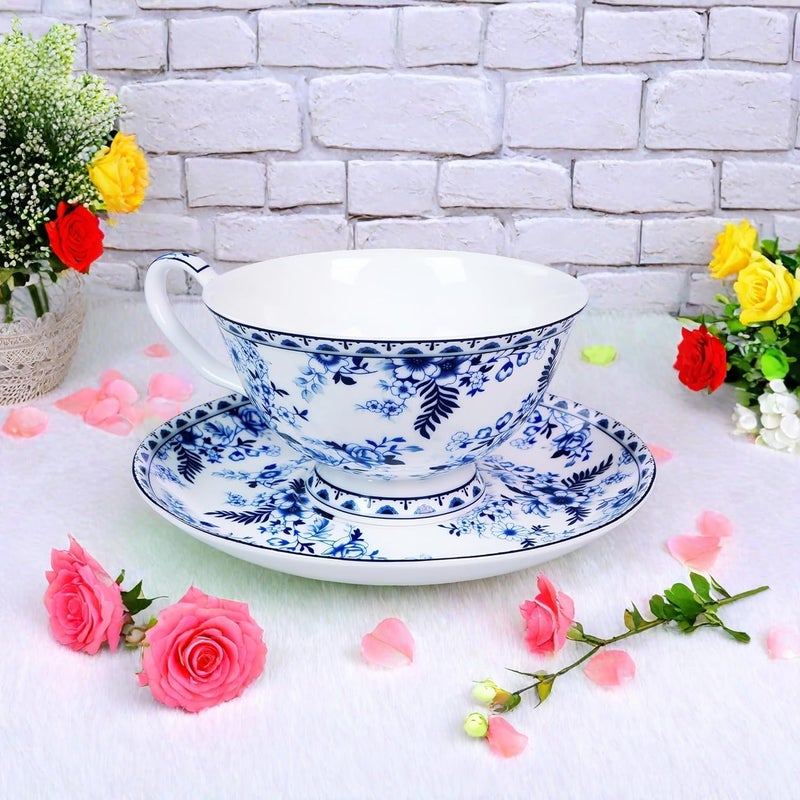 LanHong 7 Ounces Tea Cup and Saucer Set Floral Coffee Cup with Saucer Bone China Teacup and Saucer Set Gift for Mom Friend Tea Party Blue 2 - Image 5