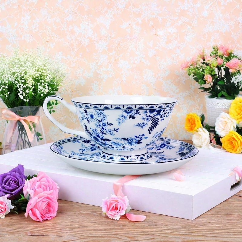 LanHong 7 Ounces Tea Cup and Saucer Set Floral Coffee Cup with Saucer Bone China Teacup and Saucer Set Gift for Mom Friend Tea Party Blue 2 - Image 3