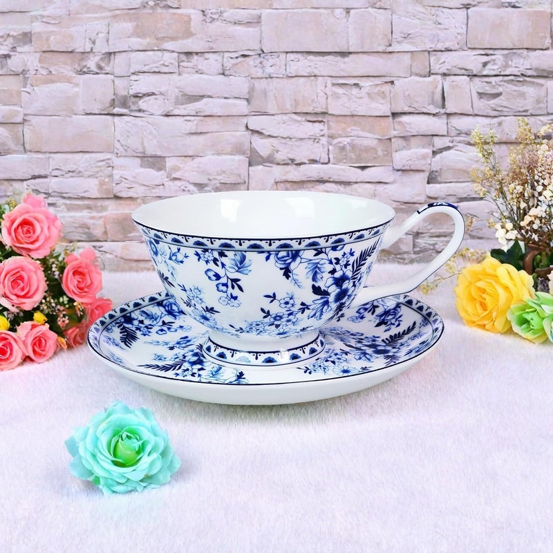 LanHong 7 Ounces Tea Cup and Saucer Set Floral Coffee Cup with Saucer Bone China Teacup and Saucer Set Gift for Mom Friend Tea Party Blue 2 - Image 4