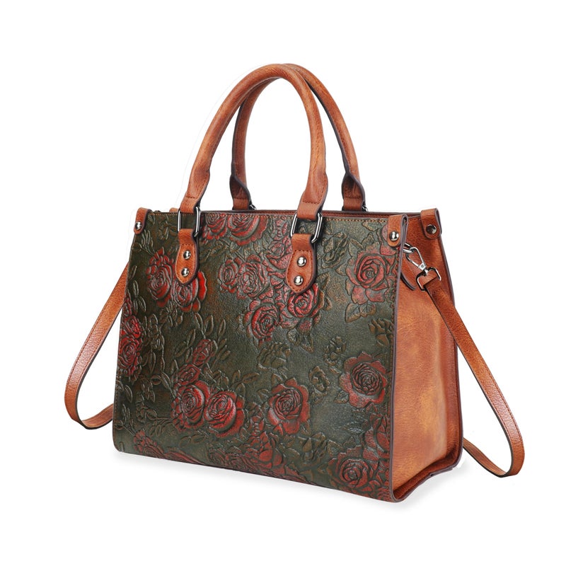LETEULO Crossbody Bag for Women Shoulder Bag Top Handle Tote Purses Vintage Satchels Handbag Embossing Rose - Image 1