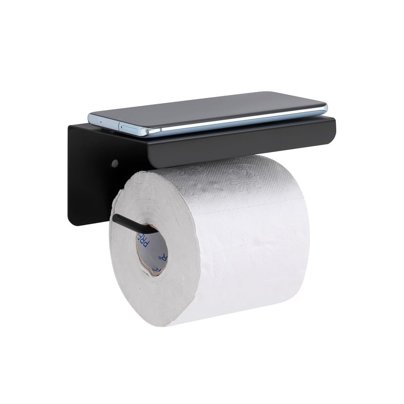 ACHRO Self Adhesive and Wall Mount Black Stainless Steel Toilet Paper Holder with Mobile Stand, Tissue Paper Holder with Shelf, Toilet Paper Roll Holder for Bathroom, Bathroom Accessories Black Finish - Image 1