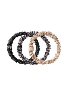SLIP slip Skinny Scrunchies: Elevate Your Hair Game with Anti-Crease, Anti-Breakage Design,Crafted from Slipsilk™, Fierce: 3 Pure Silk Skinny Scrunchies in Black, Caramel & Leopard  - Image 1