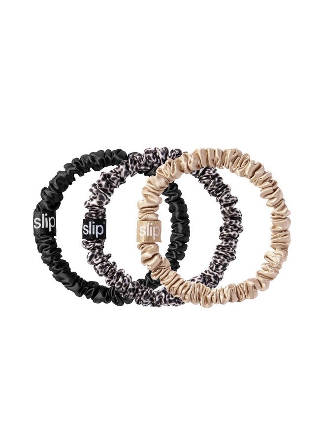 SLIP - slip Skinny Scrunchies: Elevate Your Hair Game with Anti-Crease, Anti-Breakage Design,Crafted from Slipsilk™, Fierce: 3 Pure Silk Skinny Scrunchies in Black, Caramel & Leopard - Image 1
