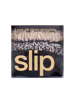 SLIP slip Skinny Scrunchies: Elevate Your Hair Game with Anti-Crease, Anti-Breakage Design,Crafted from Slipsilk™, Fierce: 3 Pure Silk Skinny Scrunchies in Black, Caramel & Leopard  - Image 2