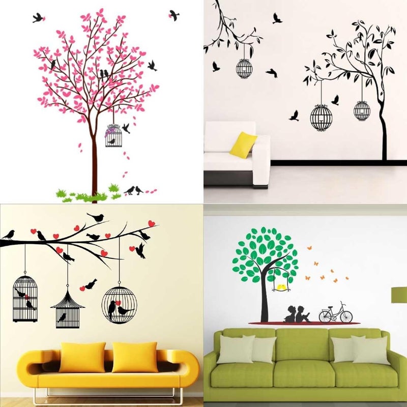 MERICAL Set of 4 Pink Tree Bird & Nest, Free Bird case Black, Kids Under Tree, Lovebirds & Hearts Wall Sticker for Wall Decor, Living Room, Children Room - Image 1