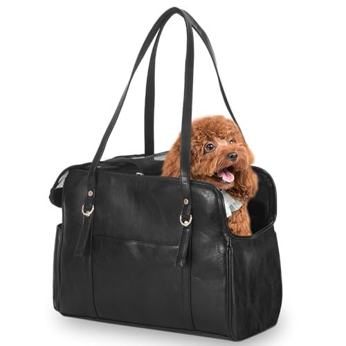 Lasaviin Dog Carrier Purse Fashion Leather Pet Carrier with Pockets Airline Approved Soft Sided Dog Carrying Bag for Puppy Cat Dog Black - Image 1