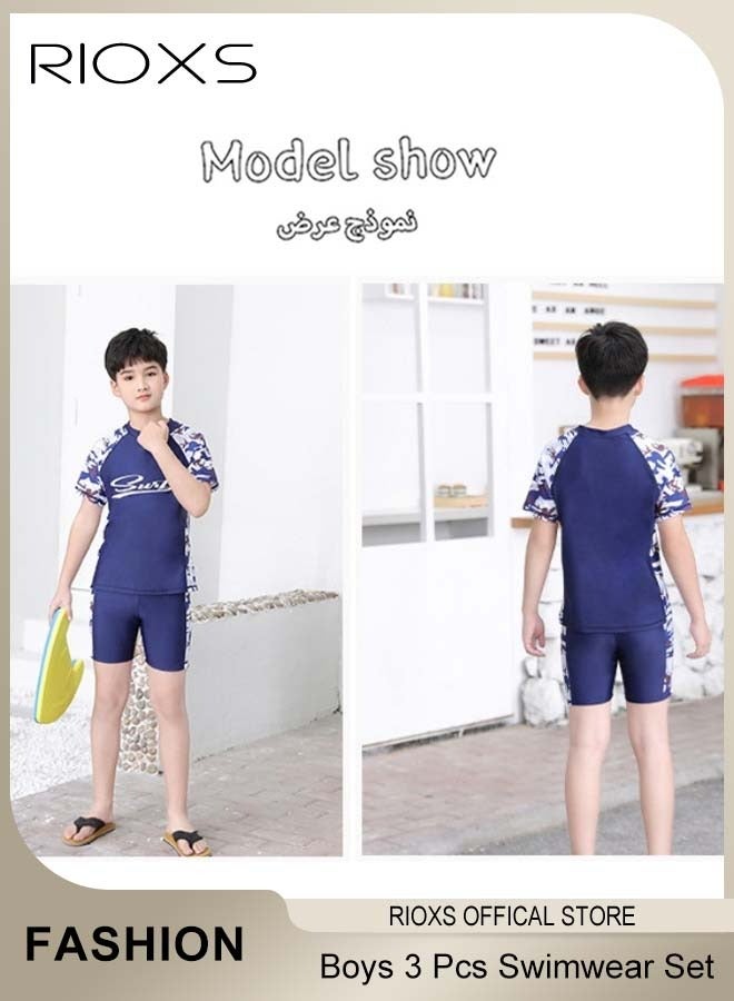 RIOXS 3 Pcs Swimwear Set- Swimsuits+Swimming Shorts+Swim Cap,Breathable Swimsuits for Boys,Lightweight Quick-drying Short Sleeve Swimwear Sets,Suitable for Swimming,Surfing,Bathing,Swimming Pool or Beach Wear, Stretchable Boys Swim Dark Blue Outfit, Water Park Essentials for Active Boys - Image 2