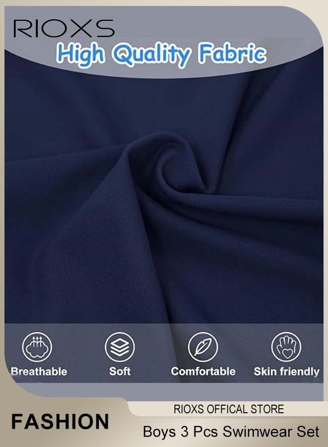 RIOXS 3 Pcs Swimwear Set- Swimsuits+Swimming Shorts+Swim Cap,Breathable Swimsuits for Boys,Lightweight Quick-drying Short Sleeve Swimwear Sets,Suitable for Swimming,Surfing,Bathing,Swimming Pool or Beach Wear, Stretchable Boys Swim Dark Blue Outfit, Water Park Essentials for Active Boys - Image 3