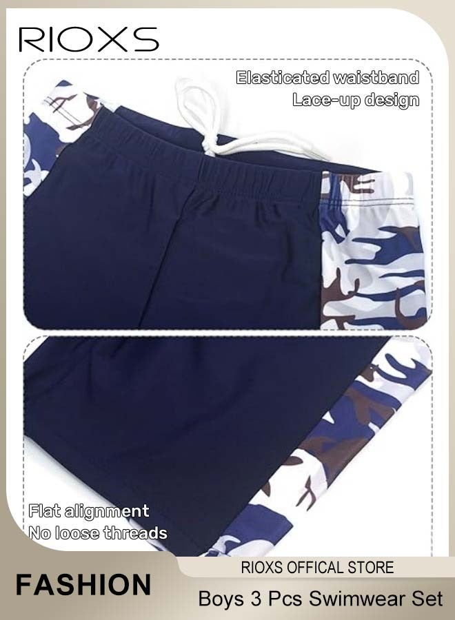 RIOXS 3 Pcs Swimwear Set- Swimsuits+Swimming Shorts+Swim Cap,Breathable Swimsuits for Boys,Lightweight Quick-drying Short Sleeve Swimwear Sets,Suitable for Swimming,Surfing,Bathing,Swimming Pool or Beach Wear, Stretchable Boys Swim Dark Blue Outfit, Water Park Essentials for Active Boys - Image 5