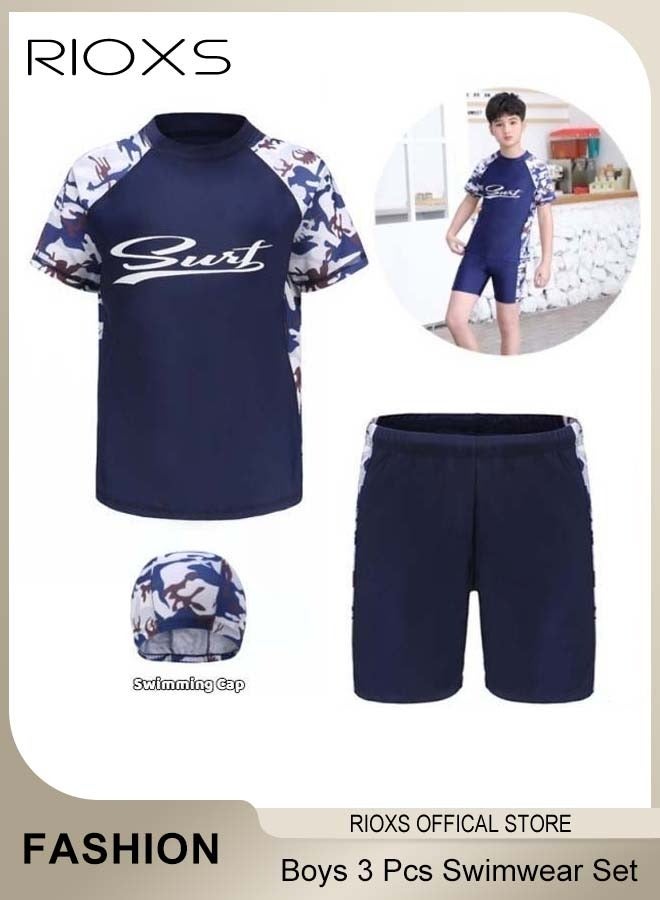 RIOXS 3 Pcs Swimwear Set- Swimsuits+Swimming Shorts+Swim Cap,Breathable Swimsuits for Boys,Lightweight Quick-drying Short Sleeve Swimwear Sets,Suitable for Swimming,Surfing,Bathing,Swimming Pool or Beach Wear, Stretchable Boys Swim Dark Blue Outfit, Water Park Essentials for Active Boys - Image 1