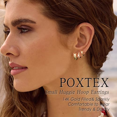 Poxtex Small 14K Gold Plated Huggie Hoop Earrings Set for Women, Hypoallergenic Trendy Hoops Stacks for Multiple Piercings, Dainty Cute Mini Lightweight Cartilage Helix Jewelry Gift for Sensitive Ears - Image 2