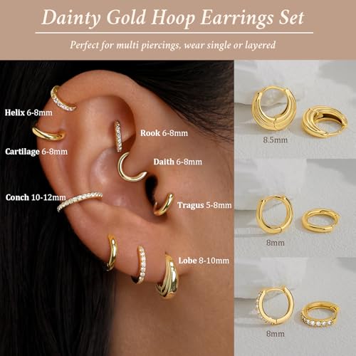 Poxtex Small 14K Gold Plated Huggie Hoop Earrings Set for Women, Hypoallergenic Trendy Hoops Stacks for Multiple Piercings, Dainty Cute Mini Lightweight Cartilage Helix Jewelry Gift for Sensitive Ears - Image 3