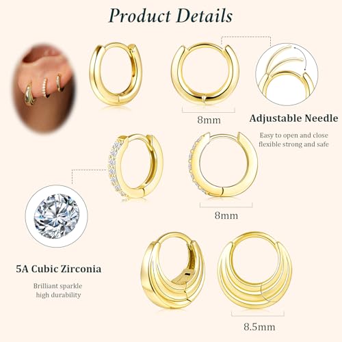 Poxtex Small 14K Gold Plated Huggie Hoop Earrings Set for Women, Hypoallergenic Trendy Hoops Stacks for Multiple Piercings, Dainty Cute Mini Lightweight Cartilage Helix Jewelry Gift for Sensitive Ears - Image 5