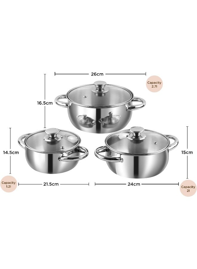 VINOD Mainz Stainless Steel Cookware Set of 3 | 1.2, 2 and 2.7 Litre Saucepot with Glass Lid | SAS Bottom | Biryani Pot | Induction and Gas Base | Silver - Image 5