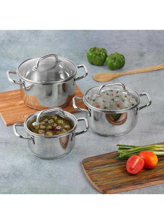 VINOD Mainz Stainless Steel Cookware Set of 3 | 1.2, 2 and 2.7 Litre Saucepot with Glass Lid | SAS Bottom | Biryani Pot | Induction and Gas Base | Silver - Image 2