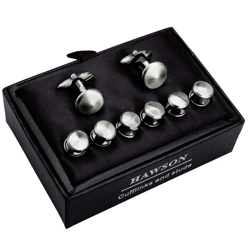 HAWSON Cufflink and Studs Tuxedo Set Rose Gold Silver Black and Gold Color with Platinum Finish Two Cufflinks with Six Shirt Studs in Stylish Velvet Gift Bag (Anti-Silver) - Image 5