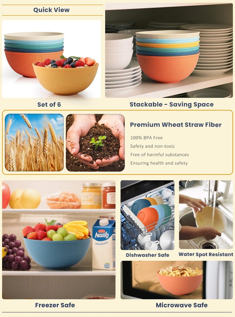 Homienly Wheat Straw Bowls Set of 6, 40 OZ Cereal Bowls for Kitchen, Unbreakable Soup Bowl with Unique Texture, Alternative to Plastic Bowl for Decoration, Microwave & Dishwasher Safe, Reusable,Multi - Image 4