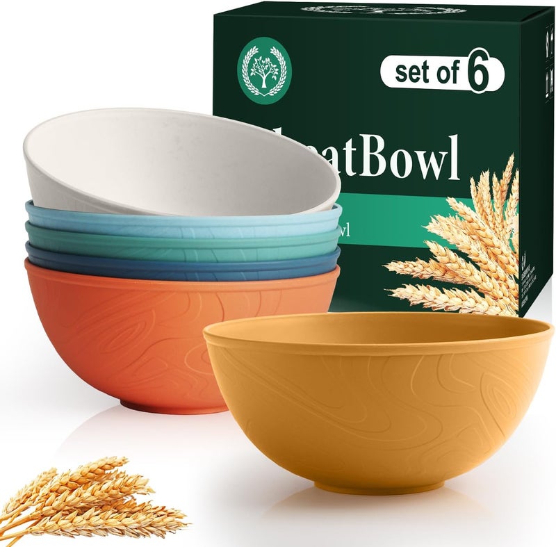 Homienly Wheat Straw Bowls Set of 6, 40 OZ Cereal Bowls for Kitchen, Unbreakable Soup Bowl with Unique Texture, Alternative to Plastic Bowl for Decoration, Microwave & Dishwasher Safe, Reusable,Multi - Image 1