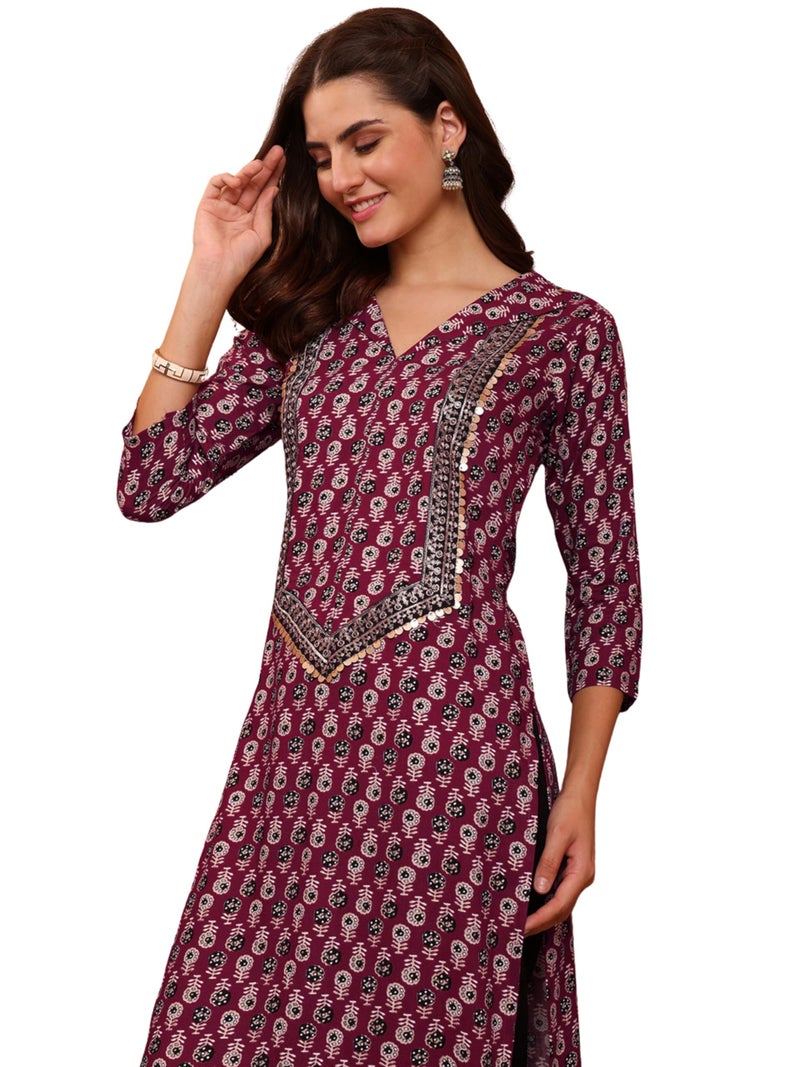 EthnicJunction Women's Rayon Ajrak Print and Yoke Embroidery Straight Kurta Wine - Image 1
