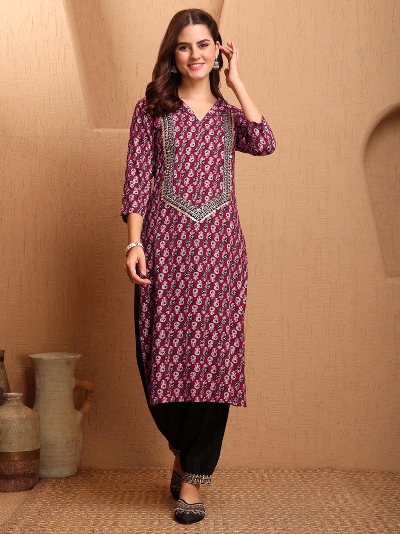 EthnicJunction Women's Rayon Ajrak Print and Yoke Embroidery Straight Kurta Wine - Image 4