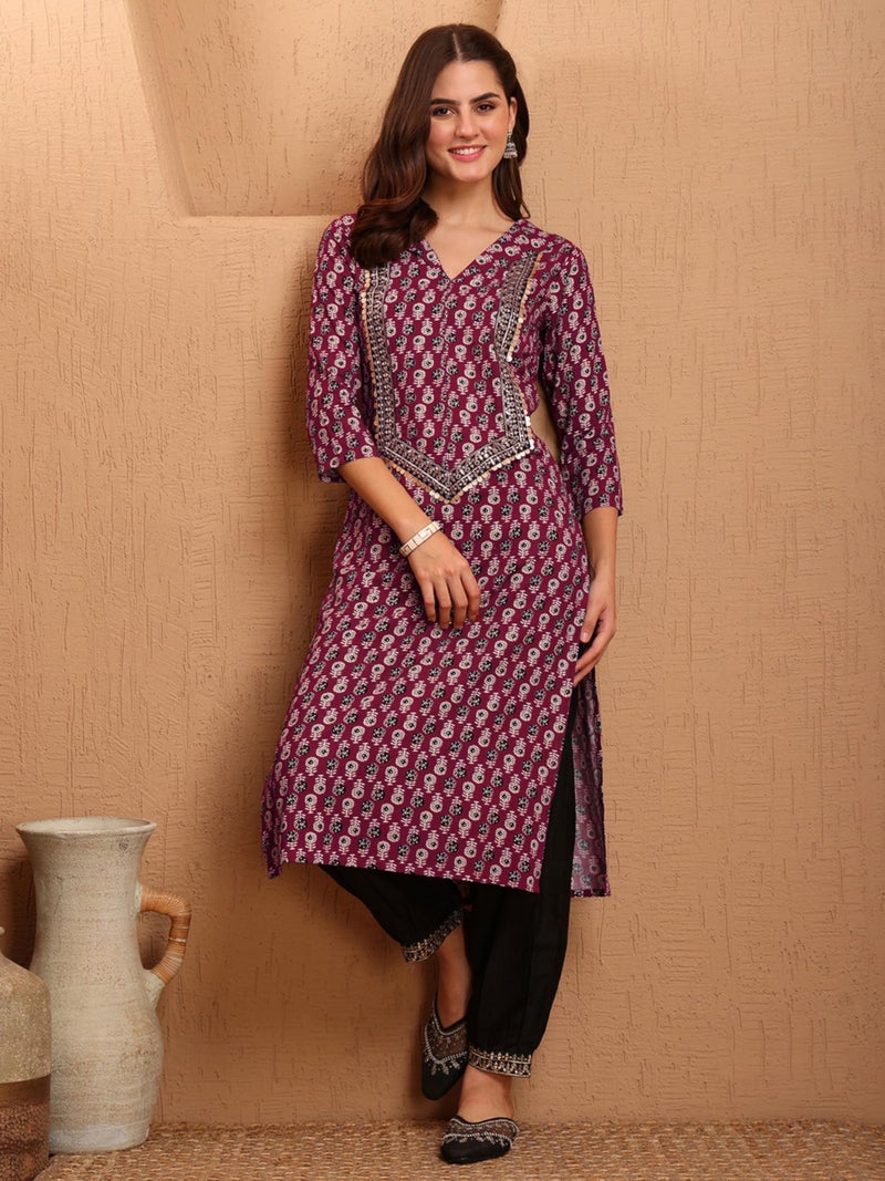 EthnicJunction Women's Rayon Ajrak Print and Yoke Embroidery Straight Kurta Wine - Image 2