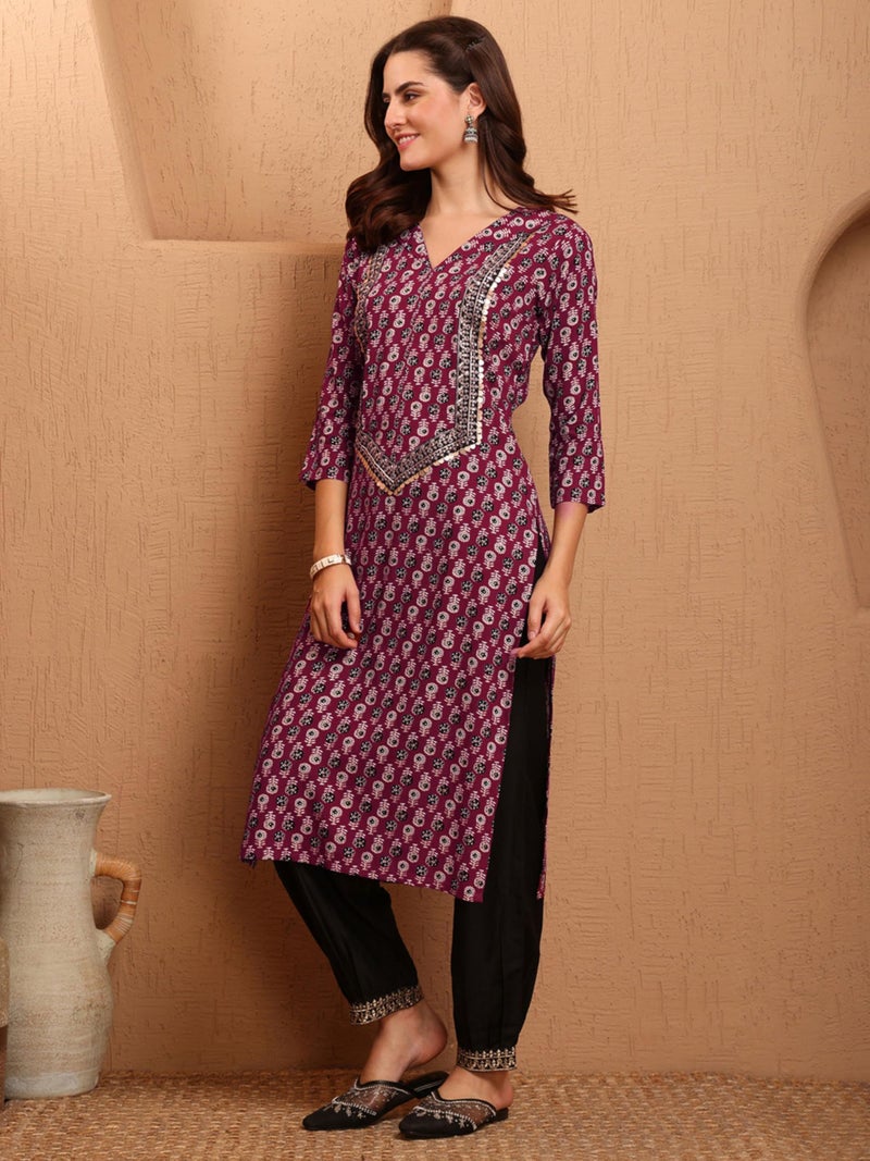 EthnicJunction Women's Rayon Ajrak Print and Yoke Embroidery Straight Kurta Wine - Image 5