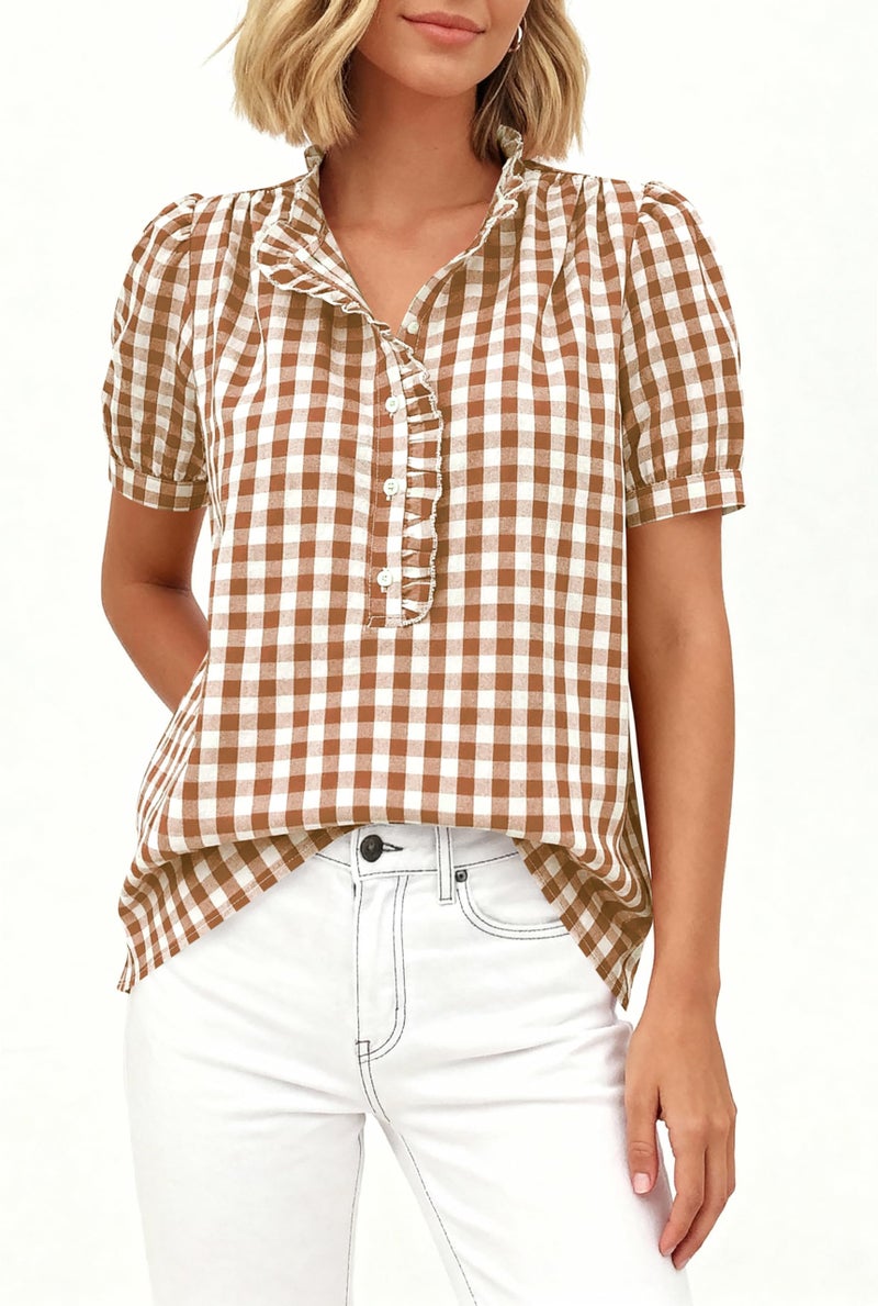 MASCOMODA Womens Puff Short Sleeve Summer Tops Striped Plaid Ruffle V Neck Button Down Shirts Business Casual Work Blouses(Plaid Khaki,X-Large) - Image 5