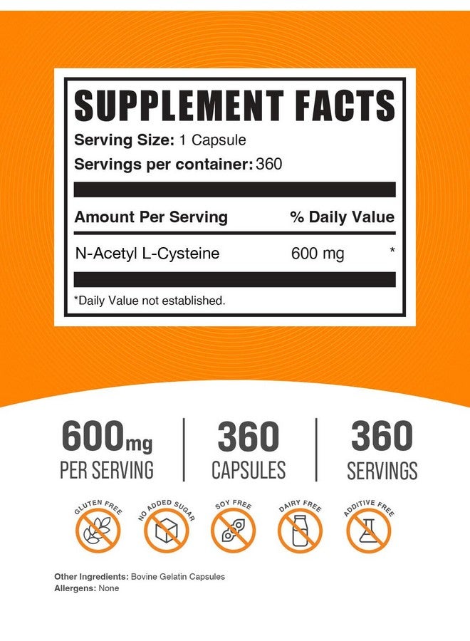 BulkSupplements.com N-Acetyl L-Cysteine Capsules - N-Acetyl Cysteine 600mg, NAC Supplement - 600mg per Capsule, Gluten Free - 1 NAC Capsule per Serving, 360 Capsules (Pack of 1) - Image 2