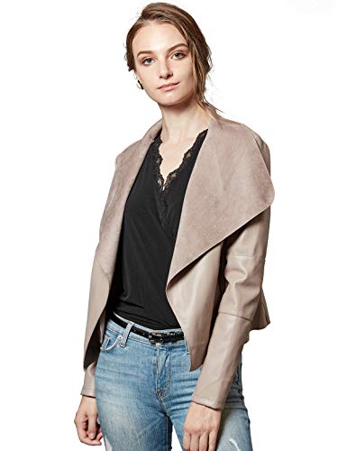 Escalier Women's Faux Leather Jackets Slim Open Front Lapel Blazer Jackets Khaki Large - Image 1