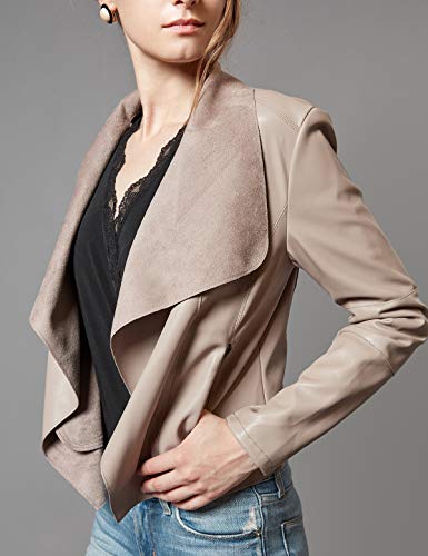 Escalier Women's Faux Leather Jackets Slim Open Front Lapel Blazer Jackets Khaki Large - Image 4