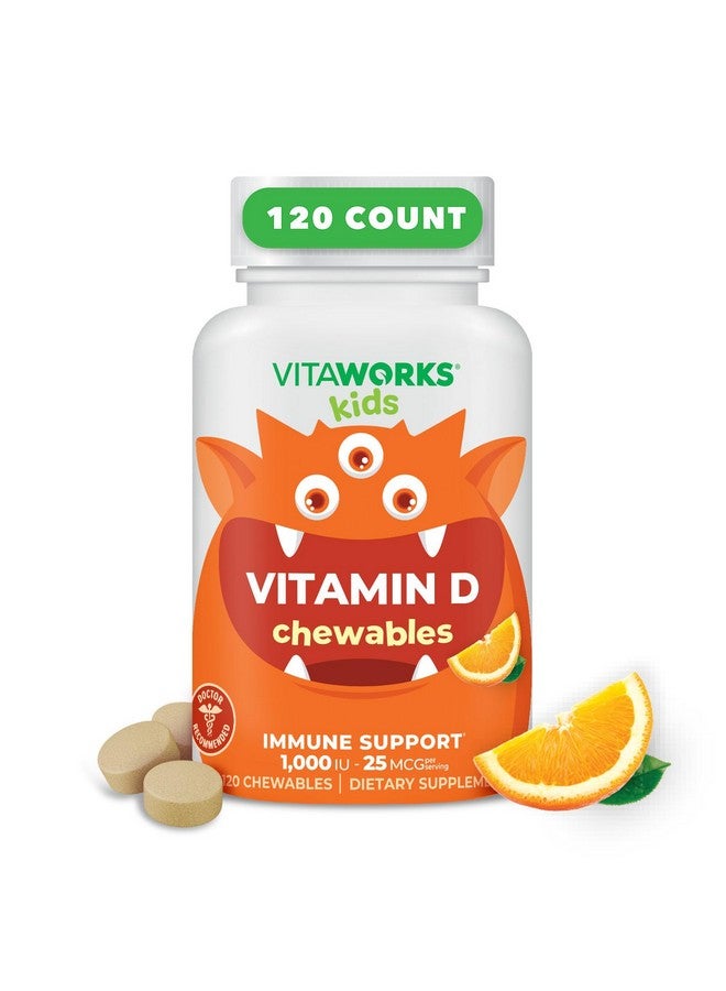 VitaWorks Kids Vitamin D 1000 IU Chewable Tablets - Tasty Natural Orange Flavor - Vegan, GMO-Free, Gluten Free, Nut Free Vitamins - Dietary Supplement for Immune Support - for Children - 120 Chewables - Image 1