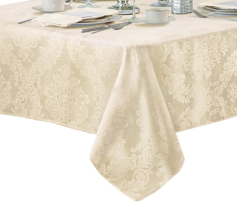 Newbridge Barcelona Luxury Damask Fabric Tablecloth 60 Wide x 84 Rectangle Antique White 100 Polyester No Iron Soil Resistant Dining Room Party and Banquet Table Cover