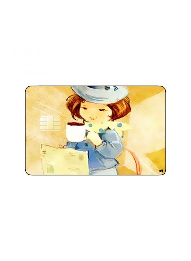 RKN PRINTED BANK CARD STICKER Cute Girl Drawing Sipping Tea Vintage Art - Image 1