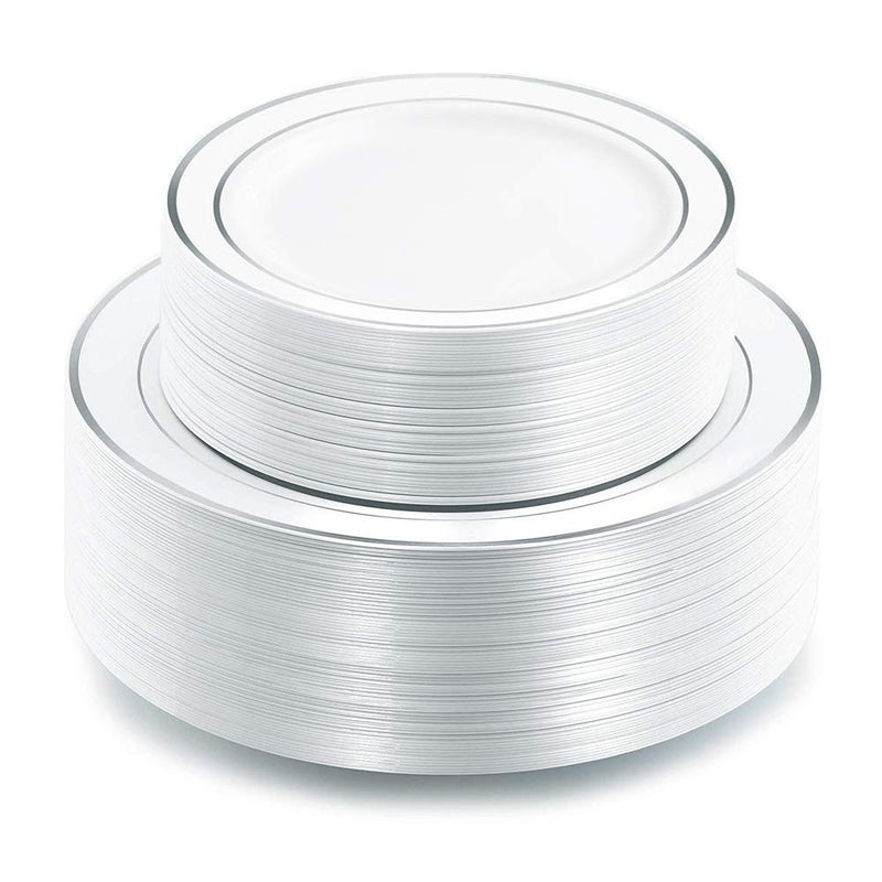 I00000 102pcs Silver Plastic Plates, Disposable Plastic Party Plates with White Silver Rim Fancy Wedding Party Plates Include 51 Dinner Plates 10.25" and 51 Dessert Appetizer Plates 7.5" - Image 1