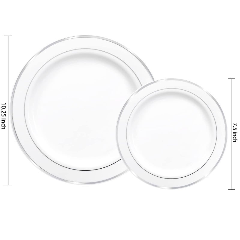 I00000 102pcs Silver Plastic Plates, Disposable Plastic Party Plates with White Silver Rim Fancy Wedding Party Plates Include 51 Dinner Plates 10.25" and 51 Dessert Appetizer Plates 7.5" - Image 4